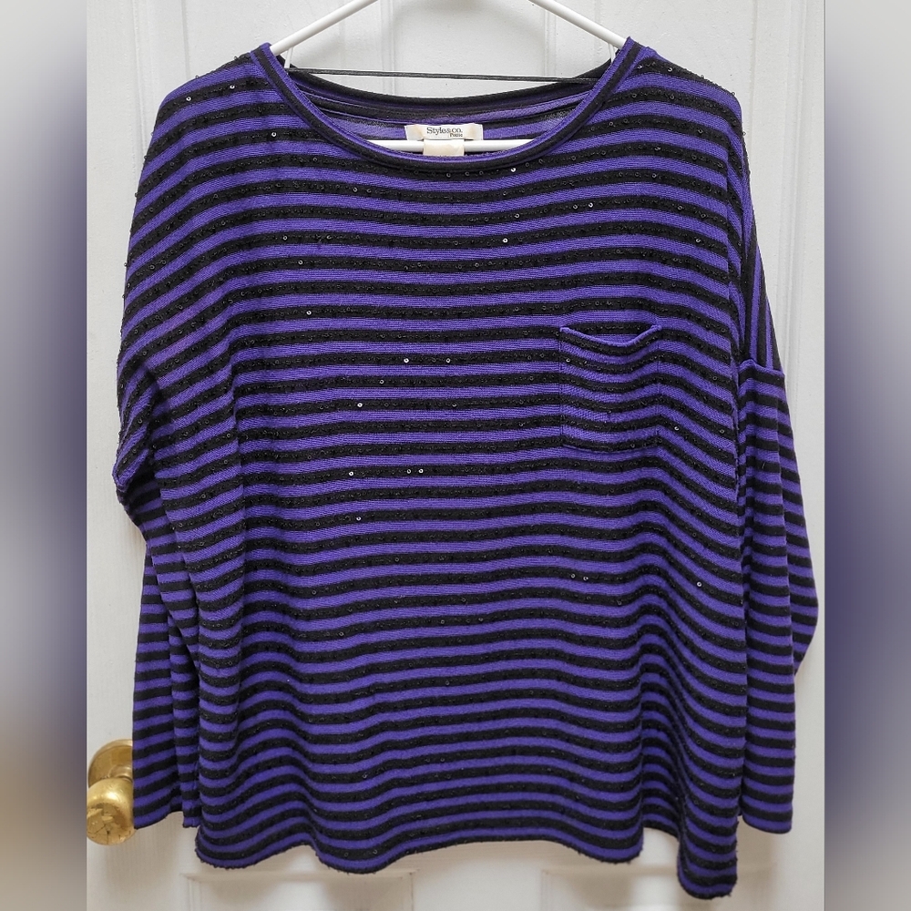 LADIES purple & black striped & sequined long sleeve knit top sz large